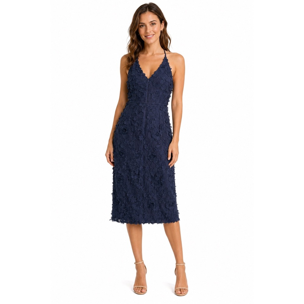 XSCAPE Deep V Raised Flower Midi Dress Womens 14W Navy Lace